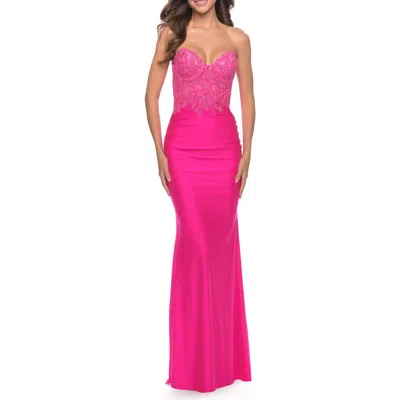 La Femme Stunning Strapless Jeweled Lace And Jersey Dress In Neon Pink