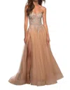 La Femme Stunning Strapless Tulle And Lace Prom Dress In Champagne In Brown