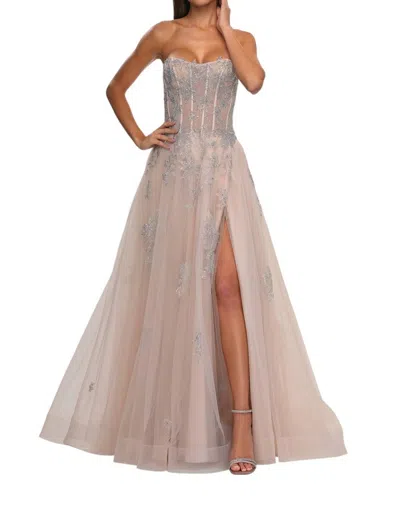 La Femme Stunning Tulle A-line Rhinestone Prom Dress In Blush In Neutral