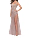 La Femme Lace Long Dress With High Side Slit And V-neckline In Neutral
