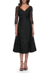 La Femme Stylish Tea Length Mother Of The Bride Dress With Sleeves In Black