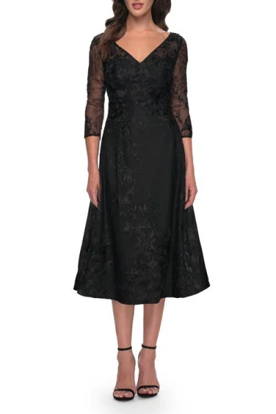 La Femme Stylish Tea Length Mother Of The Bride Dress With Sleeves In Black