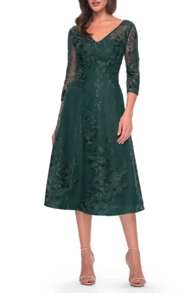 La Femme Stylish Tea Length Mother Of The Bride Dress With Sleeves In Dark Emerald