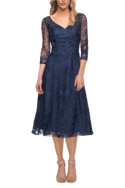 La Femme Stylish Tea Length Mother Of The Bride Dress With Sleeves In Navy