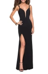 La Femme Sultry Long Dress With Intricate Strappy Back In Black