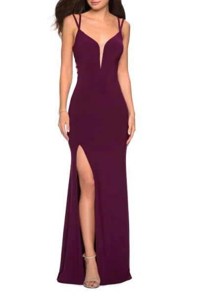 La Femme Sultry Long Dress With Intricate Strappy Back In Dark Berry