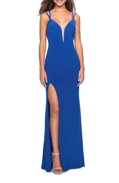 La Femme Sultry Long Dress With Intricate Strappy Back In Royal Blue