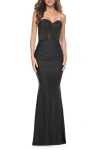 La Femme Sweetheart Rhinestone Fishnet Bodice Dress With Fitted Skirt In Black