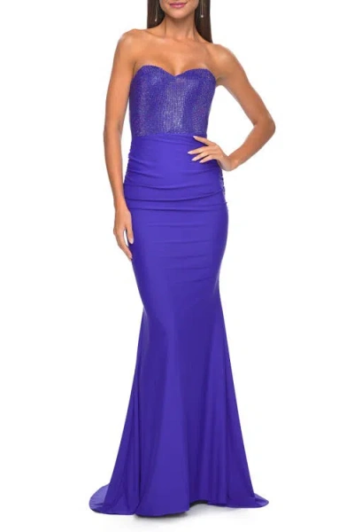 La Femme Sweetheart Rhinestone Fishnet Bodice Dress With Fitted Skirt In Royal Blue