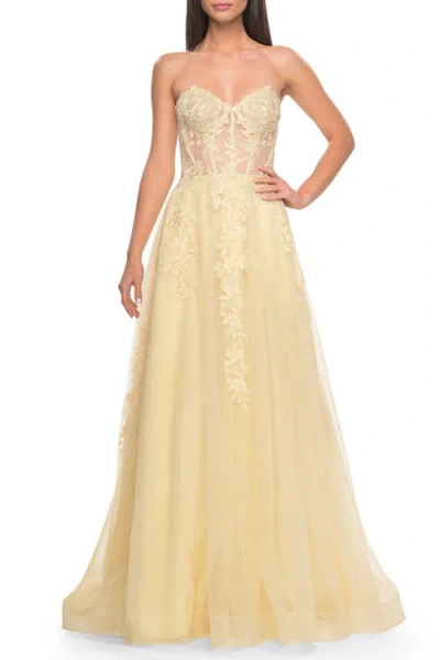 La Femme Sweetheart Strapless Gown With Beautiful Lace Applique