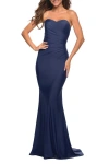 La Femme Sweetheart Strapless Gown With Side Ruching In Blue