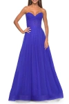 La Femme Sweetheart Tulle And Rhinestone Prom Dress With Illusion Detail In Electric Blue