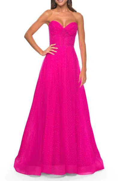 La Femme Sweetheart Tulle And Rhinestone Prom Dress With Illusion Detail In Hot Fuchsia