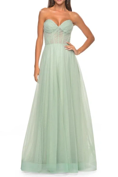 La Femme Sweetheart Tulle And Rhinestone Prom Dress With Illusion Detail In Sage