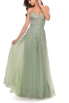 La Femme Sweetheart Tulle Strapless Gown With Lace Applique