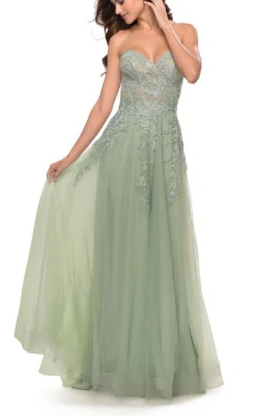 La Femme Sweetheart Tulle Strapless Gown With Lace Applique
