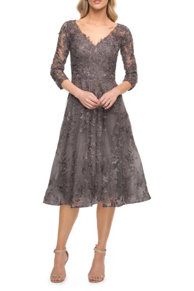 La Femme Tea Length Lace Evening Dress With Sleeves In Gunmetal