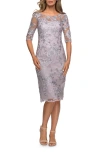 La Femme Tea Length Lace Gown With Three Quarter Sleeves In Lavender/gray