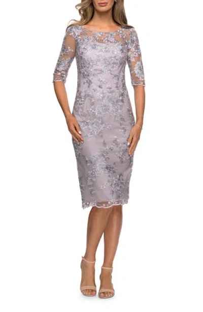 La Femme Tea Length Lace Gown With Three Quarter Sleeves In Lavender/gray