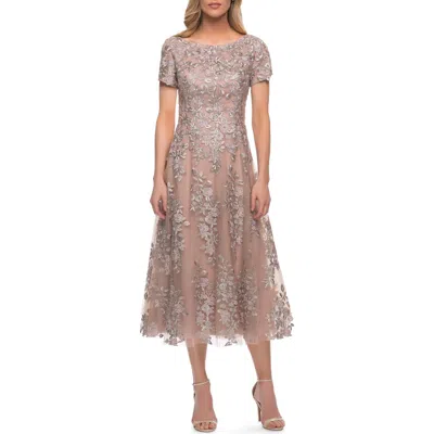 La Femme Tea Length Mother Of The Bride Dress With Short Sleeves In Champagne