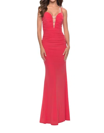 La Femme Three Jeweled Lines Through The V Prom Dress In Coral In Pink