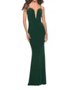 La Femme Three Jeweled Lines Through The V Prom Dress In Dark Emerald In Green