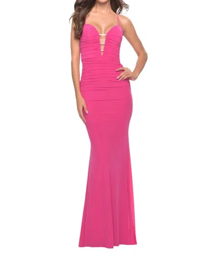 La Femme Three Jeweled Lines Through The V Prom Dress In Hot Pink