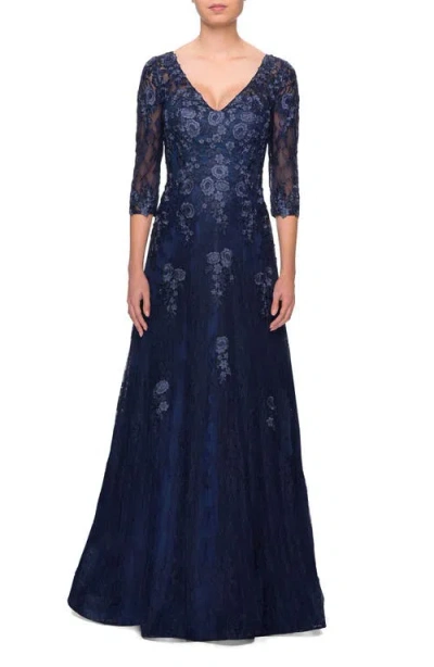 La Femme Three Quarter Sleeve A-line Dress With Lace And Beads In Navy