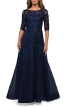 La Femme Three Quarter Sleeve A-line Gown In Navy