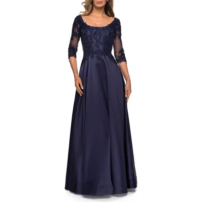 La Femme Three Quarter Sleeve Gown With Lace Sheer Back In Navy