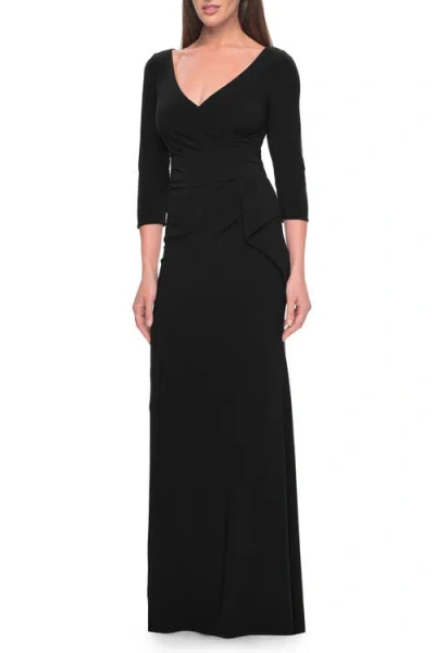 La Femme Three Quarter Sleeve Jersey Evening Dress With Ruffle Detail In Black