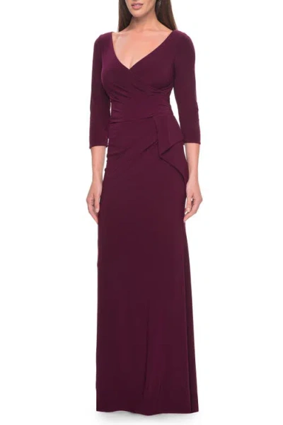 La Femme Three Quarter Sleeve Jersey Evening Dress With Ruffle Detail In Dark Berry