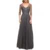 La Femme Tulle A-line Evening Dress With Beading In Gunmetal