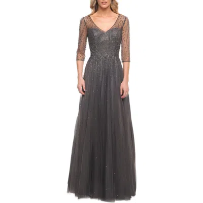 La Femme Tulle A-line Evening Dress With Beading In Gunmetal