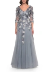 La Femme Tulle A-line Gown With Beautiful Lace Applique And Sheer Sleeves In Slate Blue