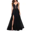 La Femme Floral Embroidered Illusion Plunge Tulle Ballgown In Black