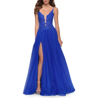 La Femme Tulle A Line Gown With Lace Rhinestone Bodice In Royal Blue