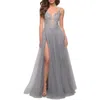 La Femme Tulle A Line Gown With Lace Rhinestone Bodice In Silver