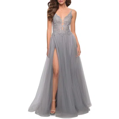 La Femme Tulle A Line Gown With Lace Rhinestone Bodice In Silver