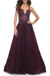 La Femme Tulle A-line Gown With Sheer And Beaded Lace Detail In Dark Berry
