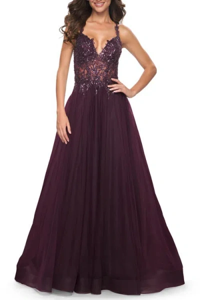La Femme Tulle A-line Gown With Sheer And Beaded Lace Detail In Dark Berry