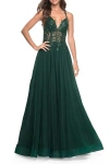 La Femme Tulle A-line Gown With Sheer And Beaded Lace Detail In Dark Emerald