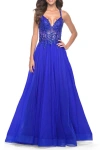 La Femme Tulle A-line Gown With Sheer And Beaded Lace Detail In Royal Blue
