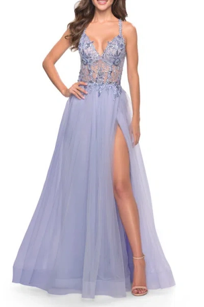 La Femme Tulle A-line Gown With Sheer Bodice And Beaded Lace Detail In Light Periwinkle