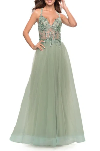 La Femme Tulle A-line Gown With Sheer Bodice And Beaded Lace Detail In Sage