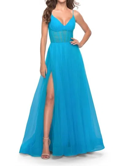 La Femme Tulle A-line Corset Gown In Aqua In Blue