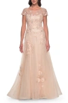 La Femme Tulle And Lace A-line Dress With Illusion Neckline And Short Sleeves In Champagne