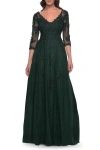 La Femme Tulle And Lace A-line Dress With V Neckline In Dark Emerald