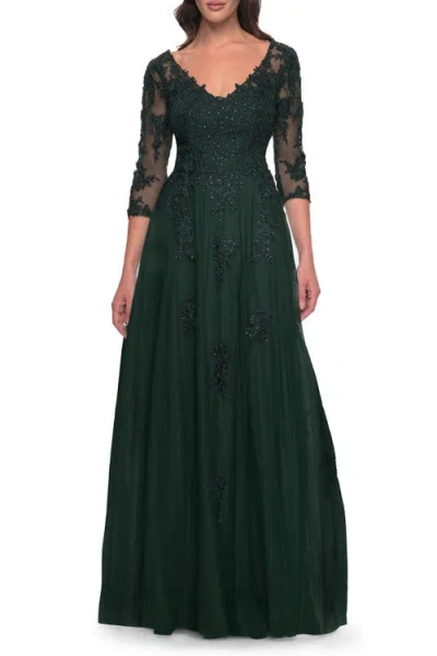 La Femme Tulle And Lace A-line Dress With V Neckline In Dark Emerald