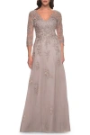La Femme Tulle And Lace A-line Dress With V Neckline In Dusty Mauve